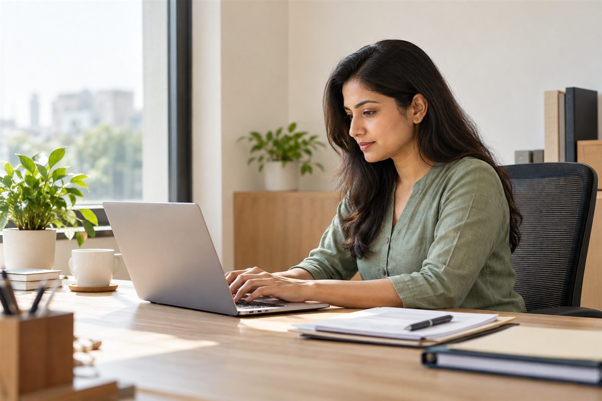 Indian professional woman working on a laptop in a bright modern office